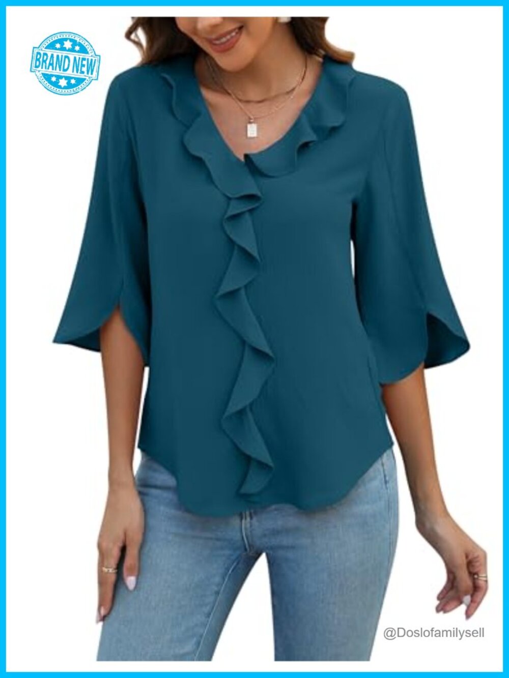 Womens Dressy Casual Blouse 3/4 Sleeve V Neck Ruffle Work Shirt